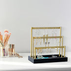 SANY DAYO HOME 3-Tier Earring Holder Organizer Stand, 105 Holes Gold Metal Earring Rack Jewelry Display Tree with Black Wood Tray for Women and Girls