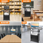 Large Mobile AV Cart with Locking Cabinet and Drop Leaves, Height Adjustable Steel AV Cart with Wheels and Power, Rolling Computer Cart with Pullout Keyboard Tray for Office, Warehouse&Classroom