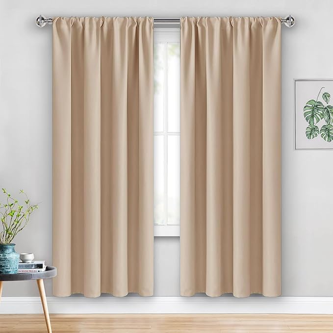 JIUZHEN Blackout Curtains for Bedroom - Thermal Insulated Room Darkening Rod Pocket Curtains for Living Room, Set of 2 Panels with Tiebacks, 52 x 72 Inch Length, Beige