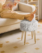 IBUYKE Round Faux Fur Vanity Stool with Storage, Furry Makeup Chair Ottoman, Soft Padded Seat, Round Footrest Footstools with 4 Metal Legs, for Living Room Bedroom Entryway, Gray WBD021G