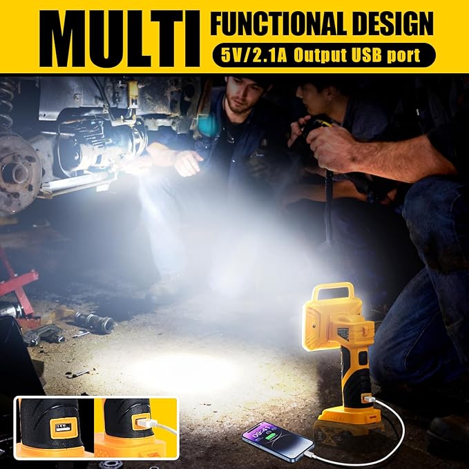 Cordless LED Work Light Compatible with DeWalt 20V Battery, 2000LM Portable Handheld Flashlights Tool with USB Port and 3 Brightness Modes for Camping, Fishing, Job Site, Indoor & Outdoor Use