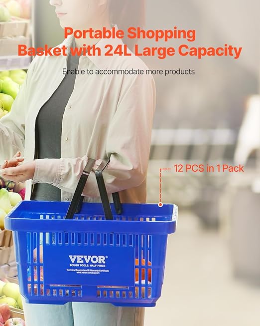 VEVOR 12 PCS Shopping Basket, 16.73 x 11.61 x 8.86 inch Durable Plastic Grocery Basket with Stand & Handle, 24L Portable Shop Basket Bulk, Idea for Retail Store Supermarket Grocery Shopping, Blue