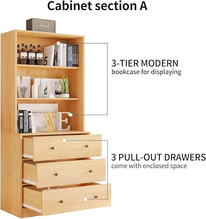 TUSY 71" H Bookshelf Bookcase with Doors, 3-Tier Modern Bookshelves with 3 Large Drawer, Display Bookcase with Glass Doors, Modern 5-Tier Curio Cabinet for Home Office, Dining Room (Wood, BAB)