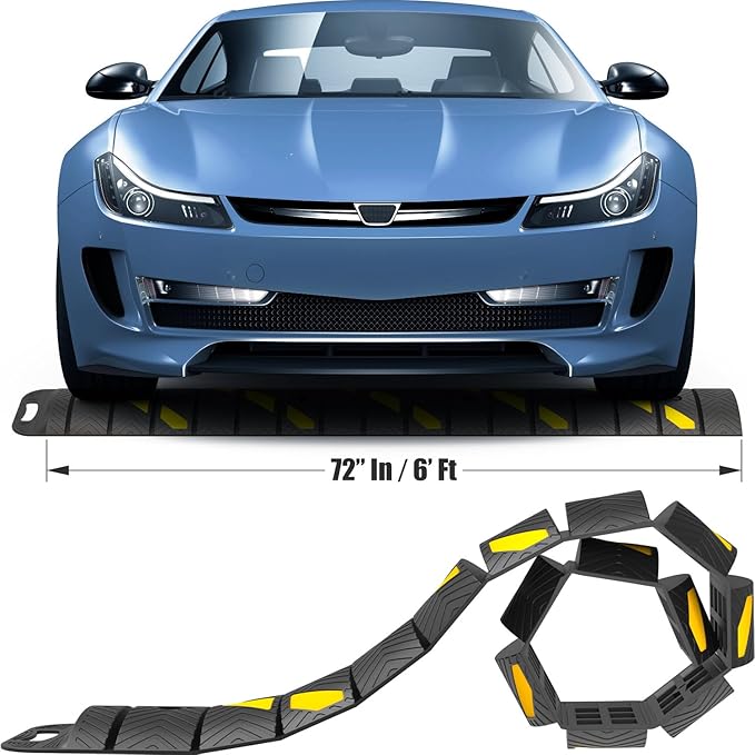 72" x 10" x 2" inch Portable Speed Bump Hump, 6' Feet Durable Collapsible Road Safety Bumps, Vehicles Hump Bumps for Asphalt Concrete Gravel Garage Driveway Roads Parking (72" Curlable Bump)