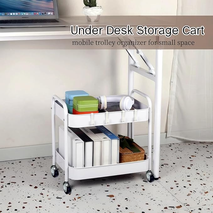 Under Desk Storage Cart 2 Tier Utility Rolling Cart with Wheels, Small Metal Mobile Trolley with Handle Two Tiered Utility Organizer Roller for Kitchen Office Bathroom Pantry Room, White