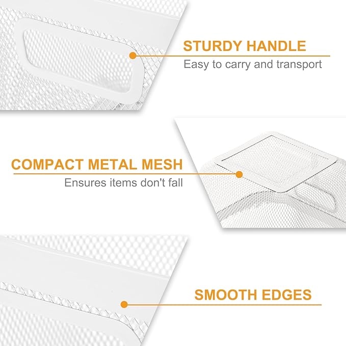 4 Pack Metal Mesh Steel Basket with Hollow Handles Square Wire Mesh Open Bin Fruit Storage Basket for Kitchen Bathroom Picnic Shopping Cabinet Home Items (Large,White)