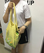 2Pcs Portable Reusable Mesh Cotton Net String Bag Organizer Shopping Tote Handbag Fruit Storage Shopper NEW (beige02 orange02)