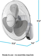 Comfort Zone 16-inch Wall Mount Fan with Remote Control, Quiet 3-Speed Operation, Timer, Adjustable Tilt – Ideal for Bedroom, Home, Gym & Office