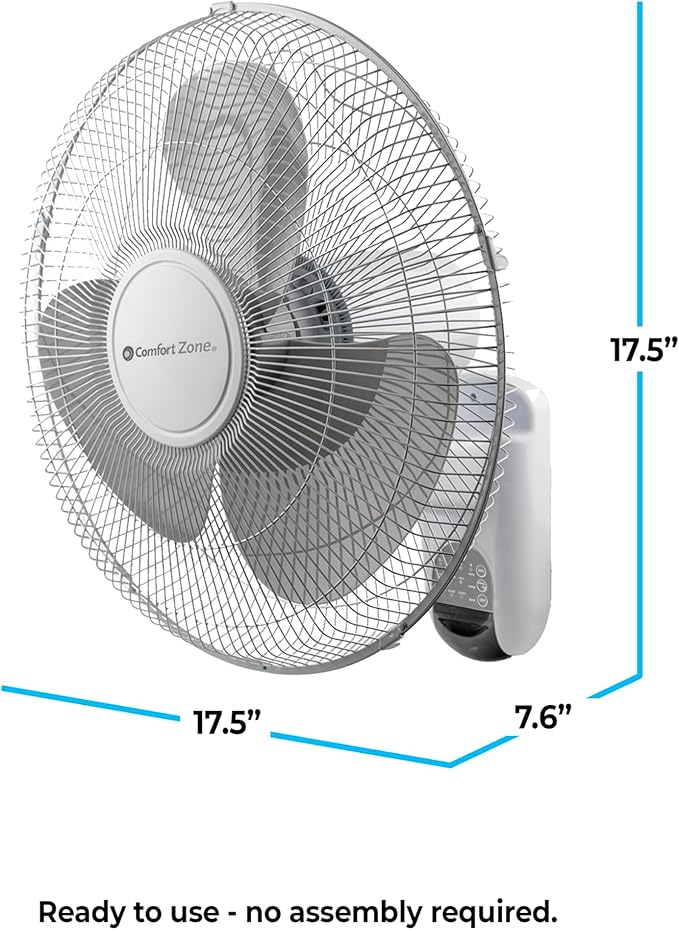 Comfort Zone Oscillating Wall Mount Fan with Adjustable Vertical Tilt, 16 inch, 3 Speed, Metal Grille, 90 Degree Oscillation, 3 Modes: Normal, Pulse, and Sleep, 4H Timer, & Wi-Fi App Control, White