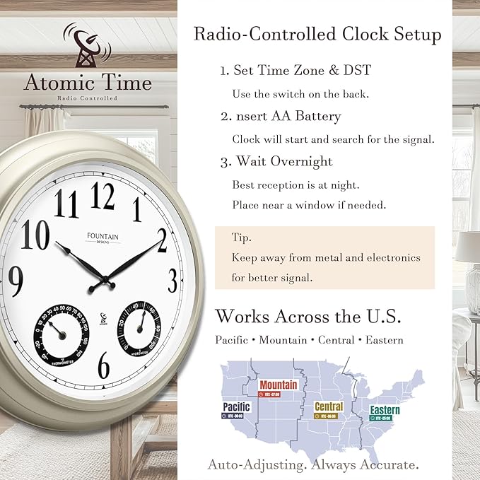 20" Evander Outdoor Atomic Clock with Thermometer & Hygrometer, 3 in 1 Weather Stations, Large Wall Clocks for Living Room Decor,Modern Farmhouse Home Decor (Morning Silver)