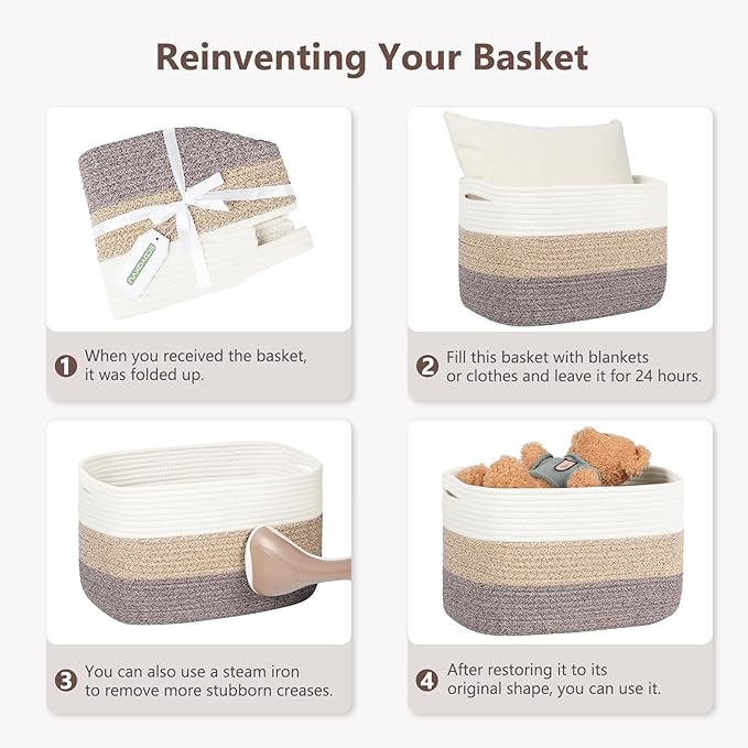 Cotton Rope Basket, Storage Baskets with Handle, 15x10x9 Inch Woven Basket for Shelves, Laundry, Towels, Clothes, Books (White Brown 3 Pack)