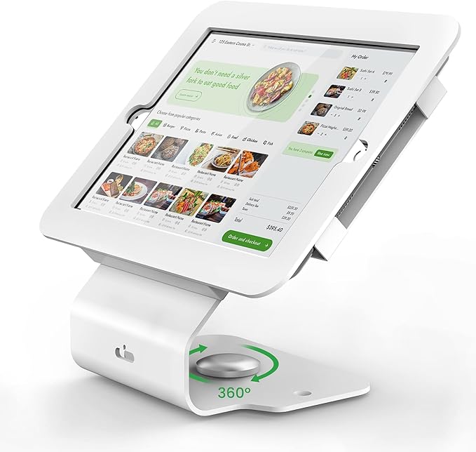 Kiosk POS Tablet Stand Compatible with iPad Air 1, Air 2, Pro 9.7, 5th, 6th, Business Desktop Retail Tablet Stand with 360° Swivel Base, Metal, White, PSC101W