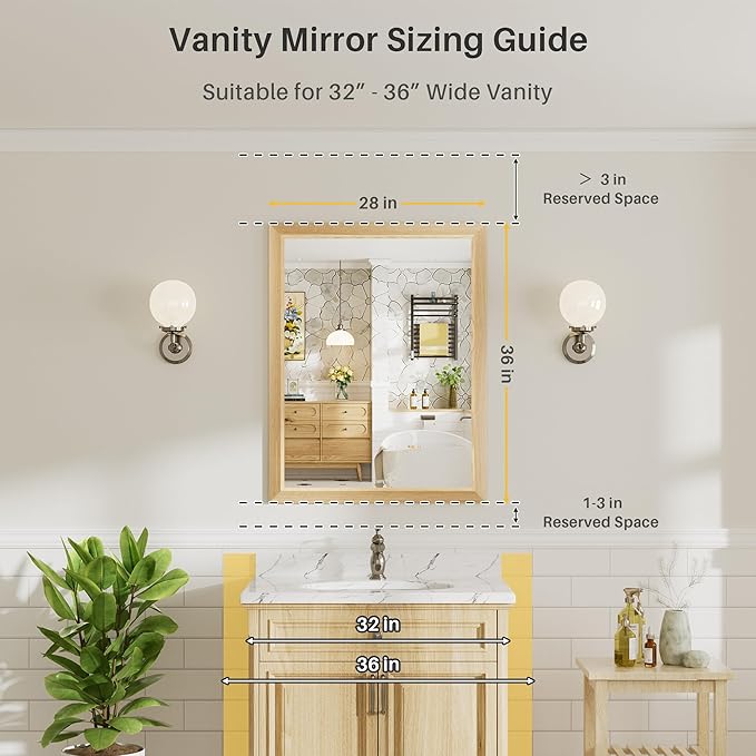 28x36 Inch Bathroom Mirror for Wall, Anti-Rust Oak Wood Grain Metal Framed Bathroom Mirrors for Over Sink,Rectangler Mirrors for Bathroom Vanity, Farmhouse, Bedroom, Living Room, Entryway Decor