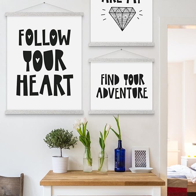 Magnetic Poster Hanger, 16x20 16x24 16x22 Poster Frame Wood Wooden Magnet Print Posters Dowel Scroll Hanger Hangers Hanging Kit for Walls Map Canvas Artwork (Grey, 16")