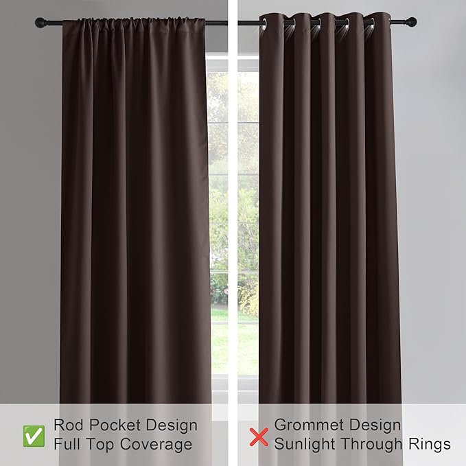 PONY DANCE Bedroom Curtains Drapes - Blackout Panels Home Fashion Solid Rod Pocket Curtain Blinds Home Decor Thermal Insulated Light Block, Wide 52 x Long 54 inch, Chocolate Brown, 1 Pair