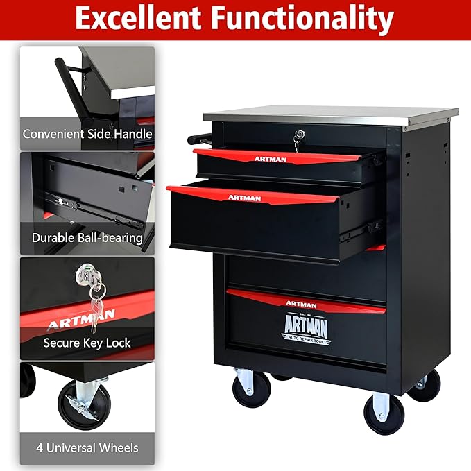 4-Drawer Heavy-Duty Rolling Steel Tool Cart with Handle&Wheels, Metal Storage Organizer Cabinet, Tool Chest for Efficient Tool Storage in Garage, Warehouse, Workshop, Repair Shop, Black&RED