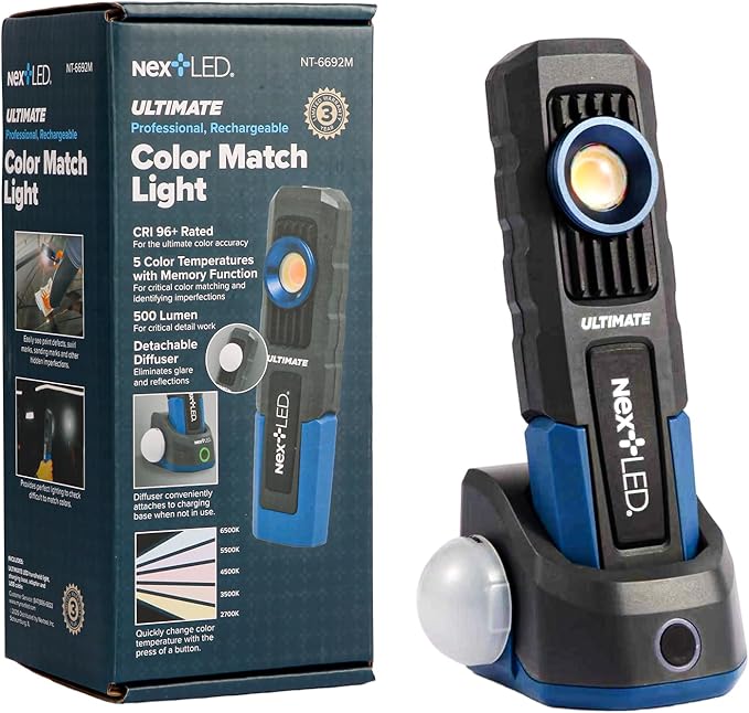 NextLED Ultimate NT-6692M Professional Rechargeable Auto Detailing Light, CRI 96+ Color Match & Ceramic Coating Light, 5 Color Temps, 500 Lumens, W/Light Diffuser, IPX6, 3-Year Warranty