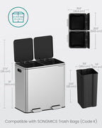 SONGMICS Trash Can, 2 x 10.6 Gallon (2 x 40 L) Garbage Can for Kitchen, with 15 Trash Bags, 2 Compartments, Plastic Inner Buckets and Hinged Lids, Airtight, Silver and Black ULTB730E80
