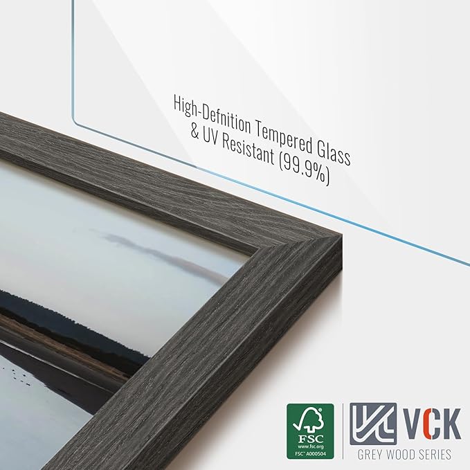 VCK 16x20 Picture Frame 5 Pack - Grey, High-End Wood Poster Frames with Tempered Glass, Display 11x14 Photo with Mat or 16x20 without Mat, Art Gallery-Quality, Wall Hanging, Grey