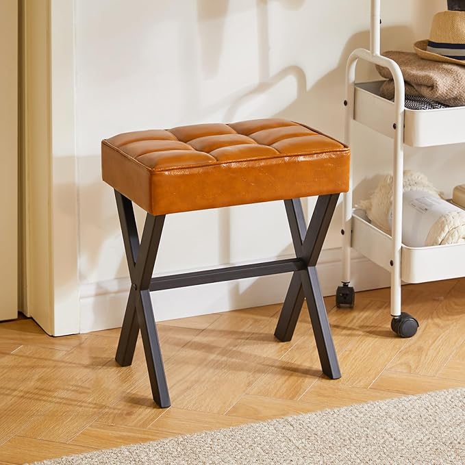 IBUYKE Square Makeup Stool with X-Leg Foot Rest, PU Footrest, Ottoman Seat, Multi-Use as Small Side Table, for Bedroom, Living Room, Light Brown LG-71J