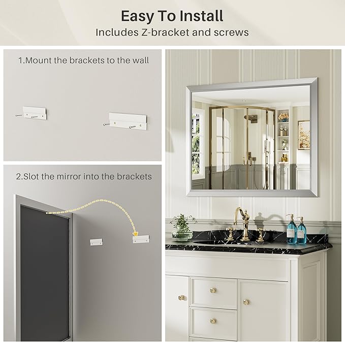 40x38 Inch Brushed Nickel Bathroom Mirror for Wall, Thick Metal Framed Rectangle Mirrors for Over Sink, Bedroom, Living Room, Entryway, Anti-Rust, HD Tempered Glass