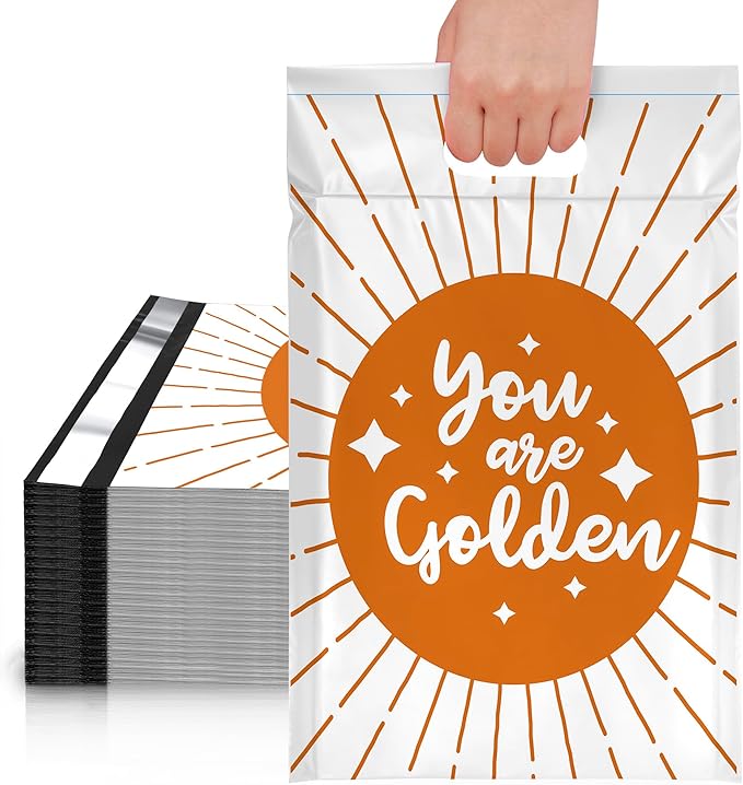 JinRuiKJ Poly Mailers with Handle 10x13 Inch 100 Pcs, Easy to Carry Packaging Bags for Small Business, Thank You Shipping Bags with Self Adhesive Strip, Tearproof and Waterproof - You are Golden