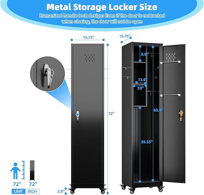 Aobabo Metal Broom Closet Storage Cabinet with Wheels, 72'' Tall Steel Cleaning Tools Garage Cabinet with Pegboards and Hooks,Assembly Required,Black