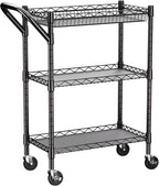 3 Tier Heavy Duty Rolling Utility Cart,18" D x 23.8" W x 36.6" H Rolling Carts with Wheels,Commercial Grade Metal with Handle Bar & Shelf Liner,Trolley Serving Storage Cart for Kitchen Black