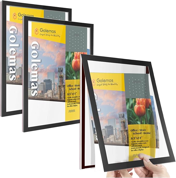 Acrylic Magnetic Sign Holder, Easy-Opening 8.5 x 11 Wall Mount Display Frames, Self Adhesive Back Plastic Clear Document Frame, Horizontal & Vertical Display (Black, 3Pack)