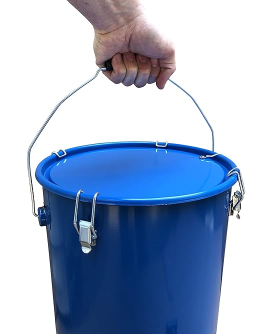 MirOil 6 Gallon Blue Oil Grease Bucket & Filter Pot – Steel Fryer Container w/Lid Lock & Clip, Food Grade Interior Coating - Hot Grease Collection Pot for Disposal Under Drain Valves – Model #30L