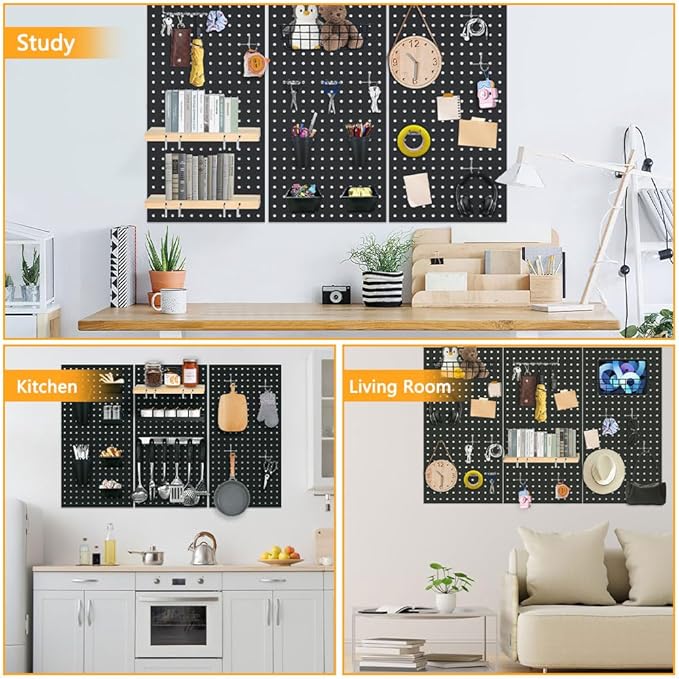 3pcs Heavy Duty Metal Pegboard Panels, Garage Wall Mounted Tool Organizer Peg Board for Garage, Workshop Storage and Workbench (Black)