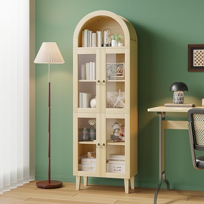 71” Tall Arched Pantry Cabinet with Glass Door, Display Cabinet Organizer, Versatile Pantry with Top-Opening Storage Container for Living, Kitchen Dining Room, Natural