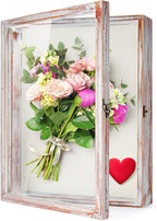 TJ.MOREE Flowers Shadow Box Display Case 13 x 16 Vintage Large Shadow Box Frame with Glass Window Door Farmhouse Deep Picture Frame Wedding Bouquet Memorabilia Photos Memory Box - White Pink