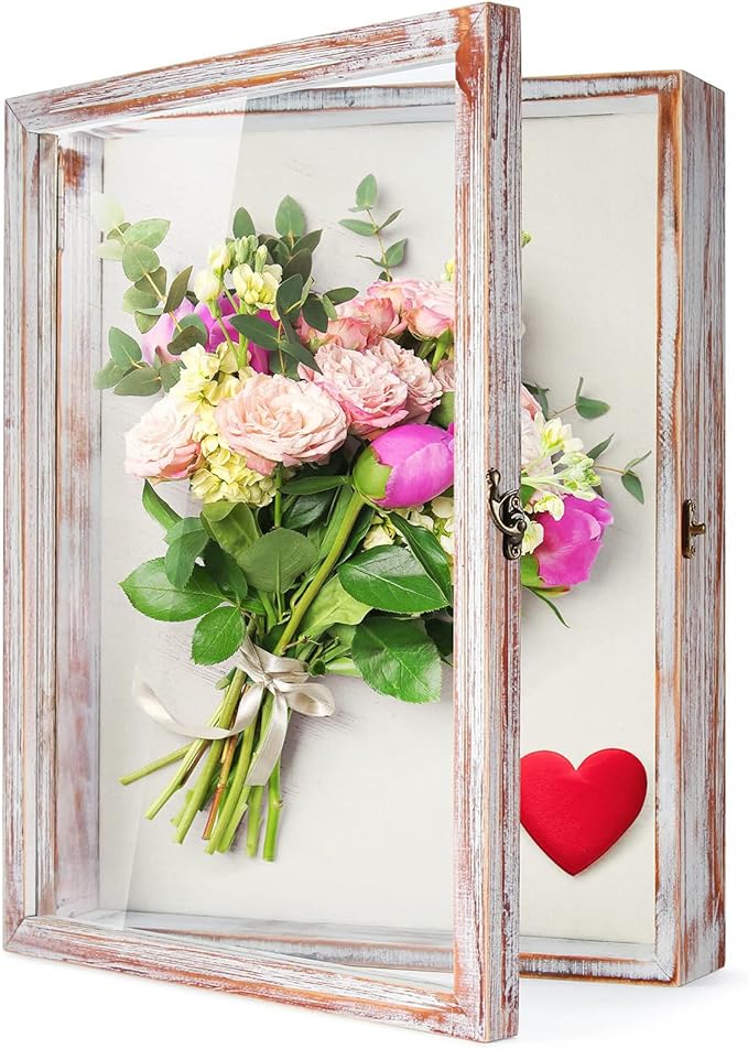TJ.MOREE Flowers Shadow Box Display Case 13 x 16 Vintage Large Shadow Box Frame with Glass Window Door Farmhouse Deep Picture Frame Wedding Bouquet Memorabilia Photos Memory Box - White Pink