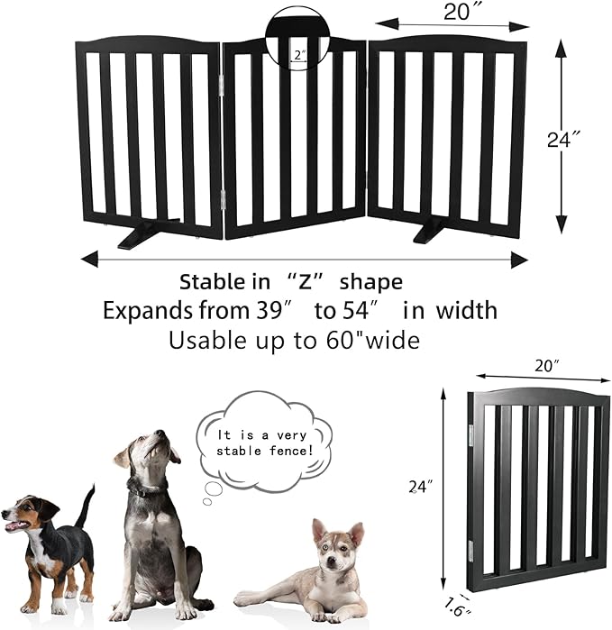Freestanding Dog Gate Indoor,Doggie Gate Foldable Pet Gates for Doorways,Stairs or Hallways, Wooden Black Pet Gate for The House, Pet Fence with Support Feet Included,24 "Height-3 Panels