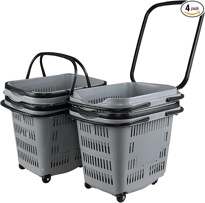 Kiddream 4 Pack Plastic Rolling Shopping Basket with Wheels, Large Portable Grocery Basket, Grey
