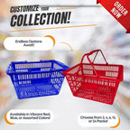 Stackable Plastic Shopping Baskets, Red and Blue, Easy-Grip Handles for Grocery, Retail, Liquor Stores, Home Use (2-pack, Blue)