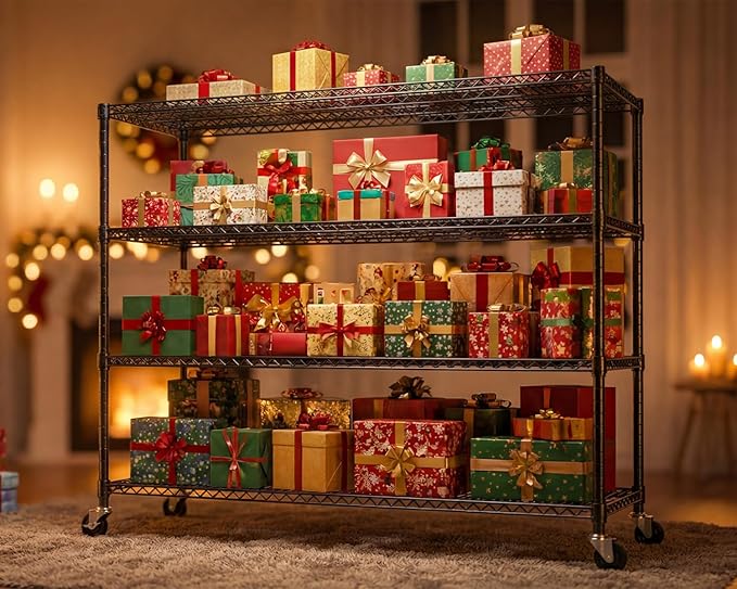 PrimeZone 3 Packs 55.5" W x 24" D x 80" H Heavy Duty Wire Storage Shelves with Wheels, 4 Tier Adjustable NSF Certified Garage Shelving Unit, Rolling Metal Organizer Shelf Rack for Warehouse, Pantry