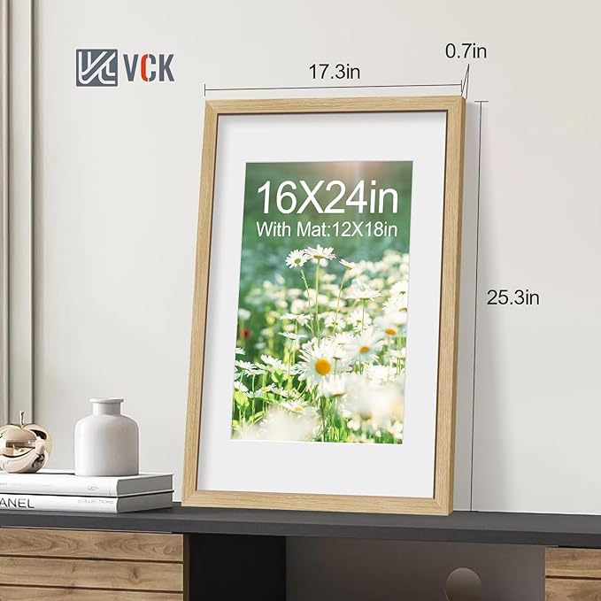 VCK 16x24 Poster Frame 2 Pack - Natural Oak, High-End Wood Picture Frames with Polished Plexiglass, Display 12x18 Photo with Mat or 16x24 without Mat, Art Gallery-Quality, Wall Hanging, Natural Oak