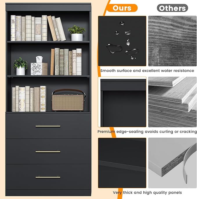 Winkalon 71" Tall Black Bookshelf with Drawers, Bookcase and Bookshelf with 3-Tier Open Shelves, Tall Bookcase Tall Storage Cabinet for Home Office Living Room, 15.8" D x 31.5" W x 71" H