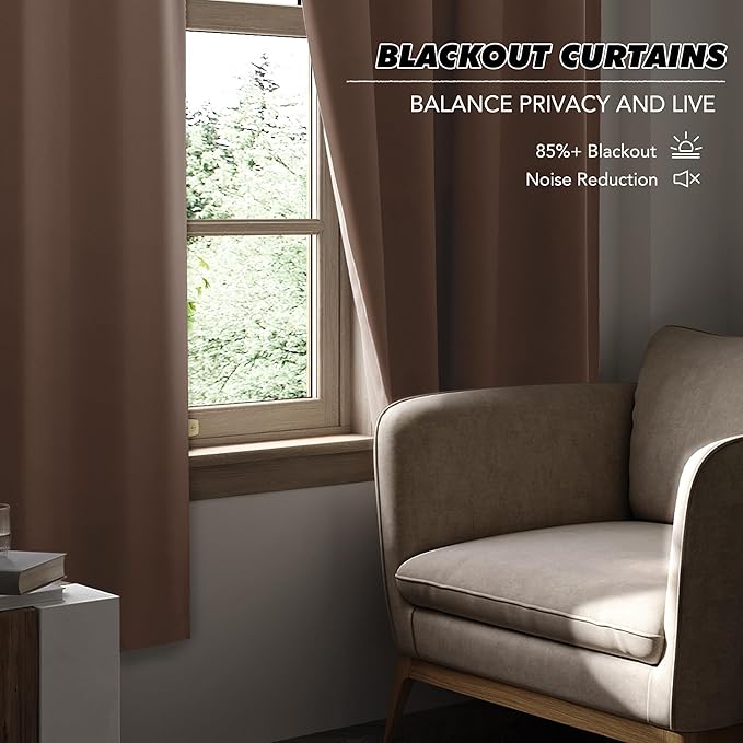 KGORGE Small Window Curtains Blackout Privacy Solid Thermal Insulating Rod Pocket Window Treatment Energy Saving Curtains for Kids Bedroom Kitchen Office, W34 x L45 inches, Mocha, 2 Panels