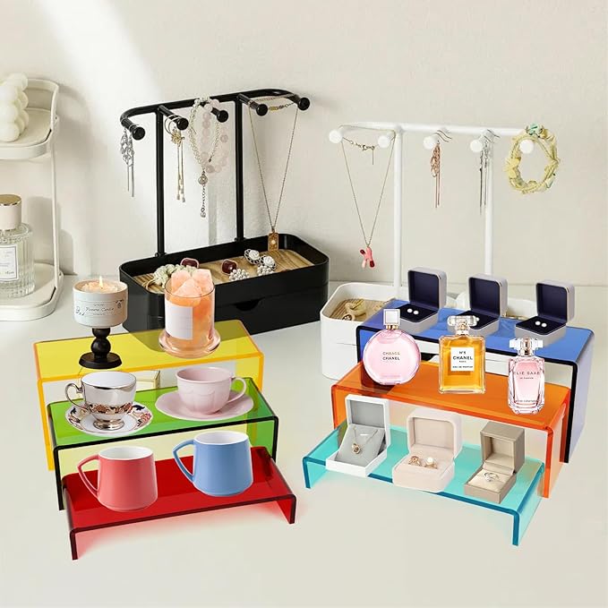 Acrylic Display Risers 2 Sets 3 Tier Cupcake Stand for Dessert Jewelry Pop Figures Shelves Retail Shoe Showcase (Mix Colors)