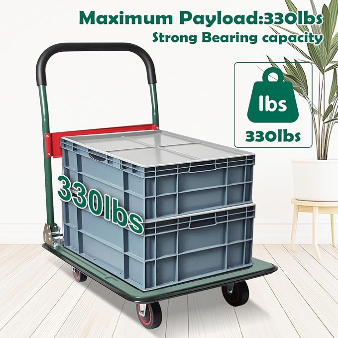 LEADALLWAY Foldable Push Cart Platform Cart (Green 330lbs with 2 Ropes, 28.7x18.5x32.3inches)