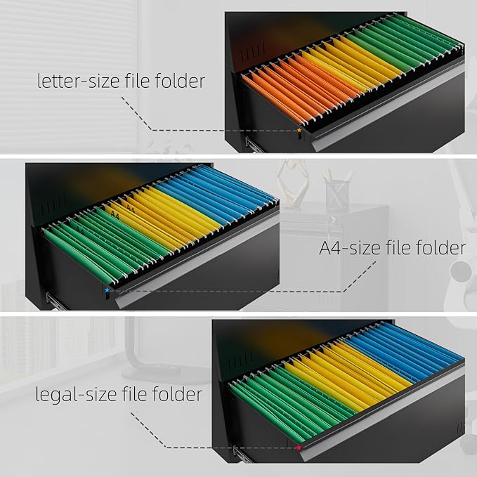 Lateral 3 Drawer File Cabient with Lock, Metal Filing Cabinets for Home Office, Heavty Duty Office Storage Cabinet for A4/Letter/Legal (Matte Black)