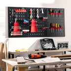 Goplus Garage Pegboard Tool Organizer, 4ft Metal Pegboard Wall Organizer w/3 Pegboards, Drill Bit Rack, Wrench Rack, Hooks Accessories, Wall-Mounted Tool Storage Peg Board for Workshop, Black