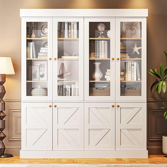 Vyre 71" Tall Farmhouse Bookshelves with Glass Doors, Set of 3 – Large Modular Bookcase with Adjustable Shelves, Storage Cabinet for Living Room, Kitchen, Home Office, White
