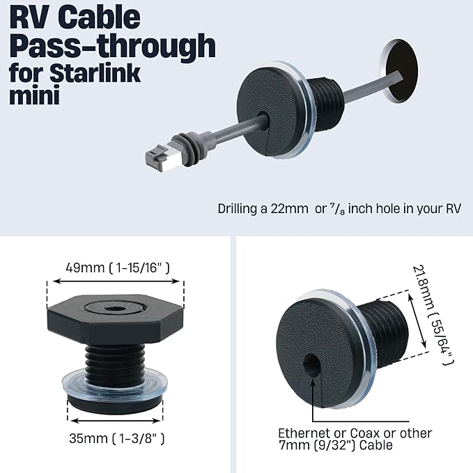 RV Cable Passthrough for Starlink mini, RV Cable Grommet Compatible with Starlink, Ethernet, Coax, Water-Resistant and Anti-Drop RV Cable Routing(Black)