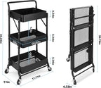 Foldable 3 Tier Metal Utility Rolling Cart, Folding Mobile Multi-Function Storage Trolley Organizer Cart for Home Library Office(Black)