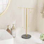 Gold Necklace Holder Jewelry Organizer Stand – Adjustable Height T‑Bar Jewelry Display with Dark Gray Marble Base, Necklace & Bracelet Holder, Countertop Jewelry Stand