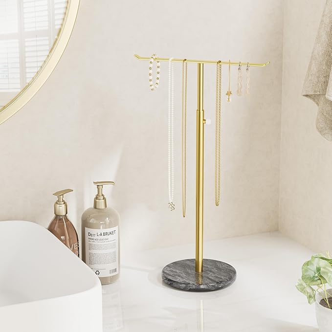 Gold Necklace Holder Jewelry Organizer Stand – Adjustable Height T‑Bar Jewelry Display with Dark Gray Marble Base, Necklace & Bracelet Holder, Countertop Jewelry Stand